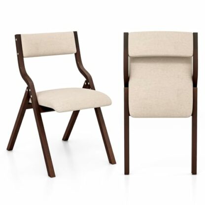 COSTWAY Padded Folding Chair Set of 2, Wooden Counter Dining Chairs with Linen Fabric Seat, Backrest & Anti-slip Footpads, Modern Upholstered Kitchen Office Conference Seats - Image 2