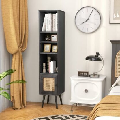 COSTWAY Slim Cube Bookcase, Freestanding Bookshelf Storage Cabinet with 12-Position Adjustable Shelf and Rattan Door, Solid Wood Legs Display Cupboard Organizer Unit for Living Room Office 3 COSTWAY Slim Cube Bookcase, Freestanding Bookshelf Storage Cabinet with 12-Position Adjustable Shelf and Rattan Door, Solid Wood Legs Display Cupboard Organizer Unit for Living Room Office - Image 3