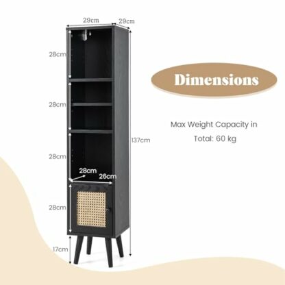 COSTWAY Slim Cube Bookcase, Freestanding Bookshelf Storage Cabinet with 12-Position Adjustable Shelf and Rattan Door, Solid Wood Legs Display Cupboard Organizer Unit for Living Room Office 4 COSTWAY Slim Cube Bookcase, Freestanding Bookshelf Storage Cabinet with 12-Position Adjustable Shelf and Rattan Door, Solid Wood Legs Display Cupboard Organizer Unit for Living Room Office - Image 4