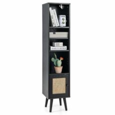 COSTWAY Slim Cube Bookcase, Freestanding Bookshelf Storage Cabinet with 12-Position Adjustable Shelf and Rattan Door, Solid Wood Legs Display Cupboard Organizer Unit for Living Room Office