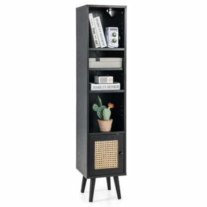 COSTWAY Slim Cube Bookcase, Freestanding Bookshelf Storage Cabinet with 12-Position Adjustable Shelf and Rattan Door, Solid Wood Legs Display Cupboard Organizer Unit for Living Room Office 2 COSTWAY Slim Cube Bookcase, Freestanding Bookshelf Storage Cabinet with 12-Position Adjustable Shelf and Rattan Door, Solid Wood Legs Display Cupboard Organizer Unit for Living Room Office - Image 2