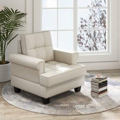 COSTWAY Tufted Accent Chair, Upholstered Linen Fabric Lounge Armchair Single Sofa Chair with Widened Seat, Rubber Wood Frame Comfy Occasional Fireside Reading Chair for Living Room Reception 3 COSTWAY Tufted Accent Chair, Upholstered Linen Fabric Lounge Armchair Single Sofa Chair with Widened Seat, Rubber Wood Frame Comfy Occasional Fireside Reading Chair for Living Room Reception - Image 3