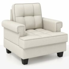 COSTWAY Tufted Accent Chair, Upholstered Linen Fabric Lounge Armchair Single Sofa Chair with Widened Seat, Rubber Wood Frame Comfy Occasional Fireside Reading Chair for Living Room Reception