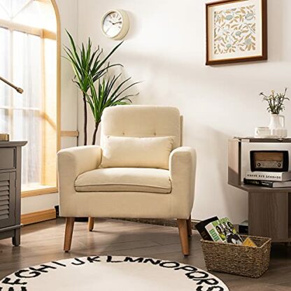 COSTWAY Tufted Accent Chair, Upholstered Lounge Armchair Single Sofa with Lumbar Pillow, Cushion and Rubber Wood Legs, Linen Fabric Comfy Occasional Reading Chair for Living Room Reception - Image 3