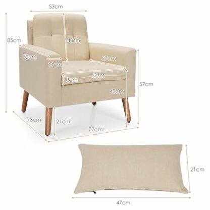 COSTWAY Tufted Accent Chair, Upholstered Lounge Armchair Single Sofa with Lumbar Pillow, Cushion and Rubber Wood Legs, Linen Fabric Comfy Occasional Reading Chair for Living Room Reception - Image 4