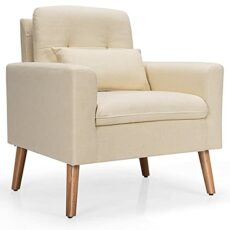 COSTWAY Tufted Accent Chair, Upholstered Lounge Armchair Single Sofa with Lumbar Pillow, Cushion and Rubber Wood Legs, Linen Fabric Comfy Occasional Reading Chair for Living Room Reception