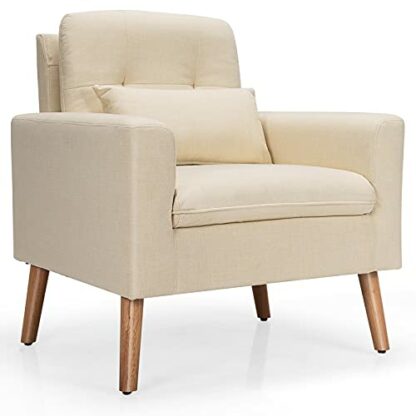 COSTWAY Tufted Accent Chair, Upholstered Lounge Armchair Single Sofa with Lumbar Pillow, Cushion and Rubber Wood Legs, Linen Fabric Comfy Occasional Reading Chair for Living Room Reception - Image 2