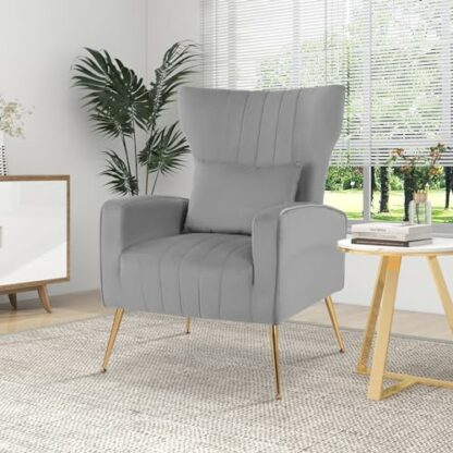 COSTWAY Velvet Accent Chair, Upholstered Wingback Armchair Comfy Reading Chair with Lumbar Pillow and Metal Legs, Modern Single Sofa Chair Occasional Lounge Armchair for Living Room Bedroom 3 COSTWAY Velvet Accent Chair, Upholstered Wingback Armchair Comfy Reading Chair with Lumbar Pillow and Metal Legs, Modern Single Sofa Chair Occasional Lounge Armchair for Living Room Bedroom - Image 3