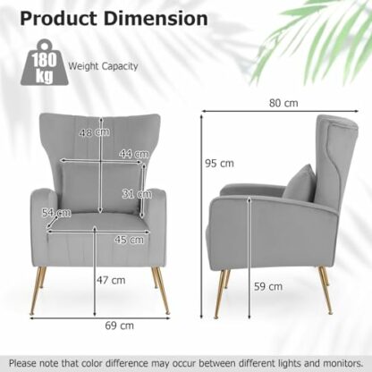 COSTWAY Velvet Accent Chair, Upholstered Wingback Armchair Comfy Reading Chair with Lumbar Pillow and Metal Legs, Modern Single Sofa Chair Occasional Lounge Armchair for Living Room Bedroom 4 COSTWAY Velvet Accent Chair, Upholstered Wingback Armchair Comfy Reading Chair with Lumbar Pillow and Metal Legs, Modern Single Sofa Chair Occasional Lounge Armchair for Living Room Bedroom - Image 4