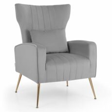COSTWAY Velvet Accent Chair, Upholstered Wingback Armchair Comfy Reading Chair with Lumbar Pillow and Metal Legs, Modern Single Sofa Chair Occasional Lounge Armchair for Living Room Bedroom