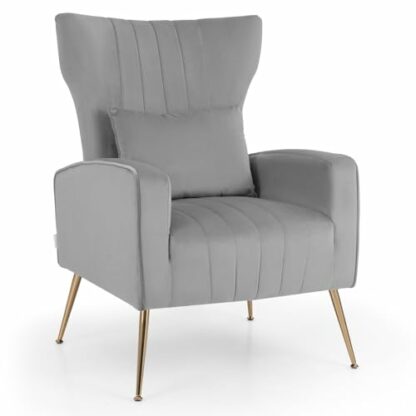 COSTWAY Velvet Accent Chair, Upholstered Wingback Armchair Comfy Reading Chair with Lumbar Pillow and Metal Legs, Modern Single Sofa Chair Occasional Lounge Armchair for Living Room Bedroom 2 COSTWAY Velvet Accent Chair, Upholstered Wingback Armchair Comfy Reading Chair with Lumbar Pillow and Metal Legs, Modern Single Sofa Chair Occasional Lounge Armchair for Living Room Bedroom - Image 2