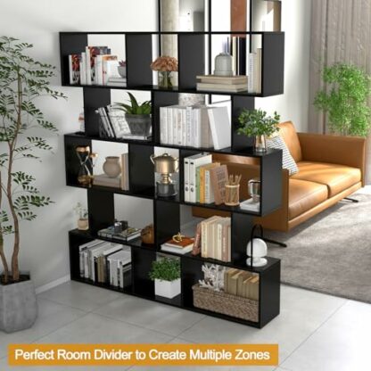 COSTWAY Wooden Bookcase, 5/6 Tiers Freestanding Storage Shelf, Home Office Industrial Decorative Bookshelf Display Stand Rack - Image 3