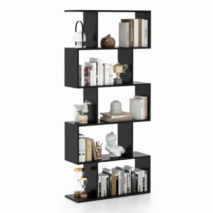 COSTWAY Wooden Bookcase, 5/6 Tiers Freestanding Storage Shelf, Home Office Industrial Decorative Bookshelf Display Stand Rack - Image 2