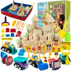 CROSOFMI Construction Moving Sand Kit 2lbs Sand with 6 Construction Vehicles 10 Road Signs and an Foldable Sandbox and Cool Sand Moulds and Sand Tools Toys for Boys Girls 3 4 5 6 7+ Year Old