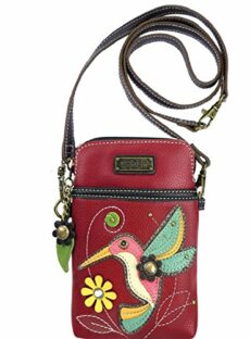 Chala Hummingbird Cellphone Crossbody Handbag - Convertible Strap Bird Lovers, Burgundy, 5" x 7.5" x 1"