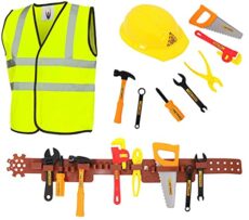 Children's Builder Construction Worker Fancy Dress Costume for Boys and Girls - 10 Piece Tool Kit & High Vis Jacket Dress Up