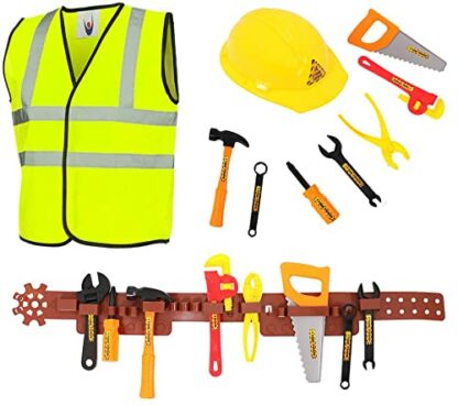 Children's Builder Construction Worker Fancy Dress Costume for Boys and Girls - 10 Piece Tool Kit & High Vis Jacket Dress Up - Image 2
