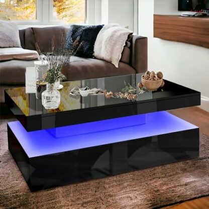 Coffee Table For Living Room WhiHigh Gloss Coffee Tables Sofa Side Table Wooden Centre Tea Table With LED RGB Lights 2 Tier Storage Shelf Rectangle Coffee - Image 3