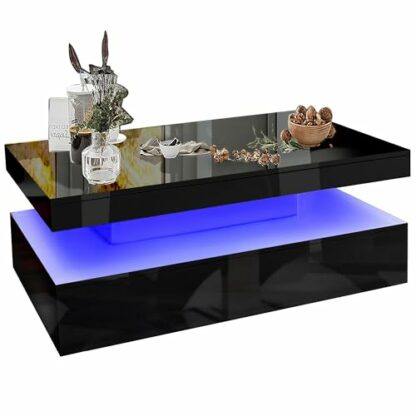 Coffee Table For Living Room WhiHigh Gloss Coffee Tables Sofa Side Table Wooden Centre Tea Table With LED RGB Lights 2 Tier Storage Shelf Rectangle Coffee - Image 2