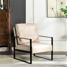 Container Furniture Direct Classic Mid Century Modern Accent Chair with Durable Square Metal Frame, Armchair for Living Room, Bedroom, Home Office in Spotted Microfiber Upholstery, Light Camel