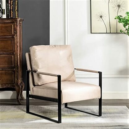 Container Furniture Direct Classic Mid Century Modern Accent Chair with Durable Square Metal Frame, Armchair for Living Room, Bedroom, Home Office in Spotted Microfiber Upholstery, Light Camel - Image 2
