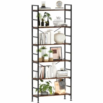 CosyStar 6-Tier Adjustable Tall Bookcase, Rustic Wood and Metal Standing Bookshelf, Industrial Vintage Book Shelf Unit, Open Back Modern Office Bookcases - Image 2