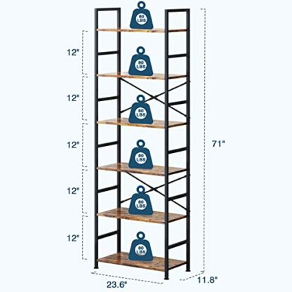 CosyStar 6 Tier Tall Rustic Wood Bookshelf, Metal Frame Standing Bookcase, Open Back Modern Office Bookcases, Industrial Vintage Book Shelf Unit - Image 3