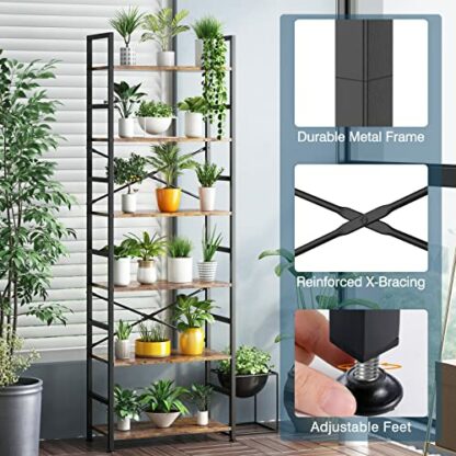 CosyStar 6 Tier Tall Rustic Wood Bookshelf, Metal Frame Standing Bookcase, Open Back Modern Office Bookcases, Industrial Vintage Book Shelf Unit - Image 4