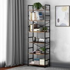 CosyStar 6 Tier Tall Rustic Wood Bookshelf, Metal Frame Standing Bookcase, Open Back Modern Office Bookcases, Industrial Vintage Book Shelf Unit