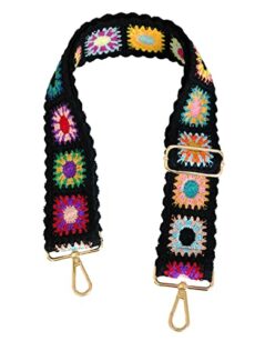 Crochet Flower Purse Straps Replacement Crossbody for Women Girls 2 inch Wide Adjustable Gold Hardware (Black)