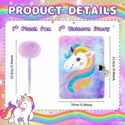 Cuackamily Unicorn Notebook,Secret Diary for Girls,Plush Journal with Lock,Sparkly Unicorn Diary set with Pen,A5 Writing Drawing Notepad Stationary Set Toys Gift for 6 7 8 9 Year Old Kids Girls Boys - Image 3
