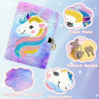 Cuackamily Unicorn Notebook,Secret Diary for Girls,Plush Journal with Lock,Sparkly Unicorn Diary set with Pen,A5 Writing Drawing Notepad Stationary Set Toys Gift for 6 7 8 9 Year Old Kids Girls Boys - Image 4