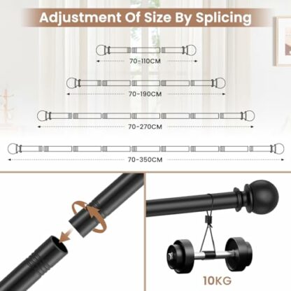 Curtain Poles for Eyelet Curtains, Curtain Rod with Round Finial Heavy Duty Decorative Windows Drapery Rod Black and Silver - Image 3