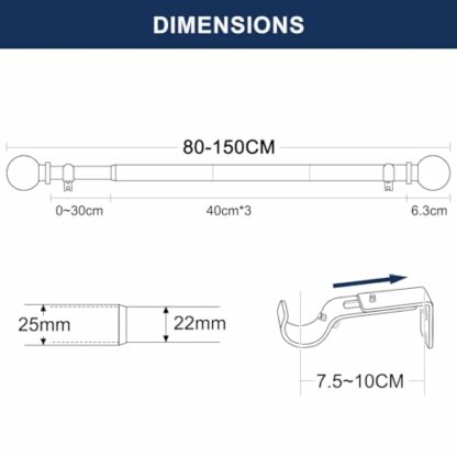 Curtain Poles with Round Finials, Extendable, 25mm, Black Curtain Pole for Eyelet Curtains, Metal Curtain Rod with Adjustable Brackets Fittings for Bedroom, Living Room, Kitchen 4 Curtain Poles with Round Finials, Extendable, 25mm, Black Curtain Pole for Eyelet Curtains, Metal Curtain Rod with Adjustable Brackets Fittings for Bedroom, Living Room, Kitchen - Image 4