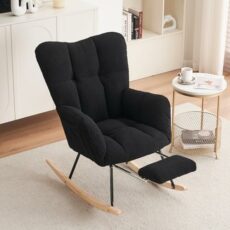 DEKKETO Nursing Rocking Chair with Footstool, Teddy Armchair and Footstool Sets for Adults Indoor, Wooden Glider Nursery Chair for Mum