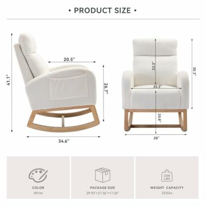 DEKKETO Nursing Rocking Chairs for Adults, Teddy Nursery Rocking Chair for Mum, High Backrest Boucle Armchairs with Wood Base and Side Pocket, Comfy Glider Chair for Living Room Bedroom - Image 3