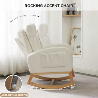 DEKKETO Nursing Rocking Chairs for Adults, Teddy Nursery Rocking Chair for Mum, High Backrest Boucle Armchairs with Wood Base and Side Pocket, Comfy Glider Chair for Living Room Bedroom - Image 4