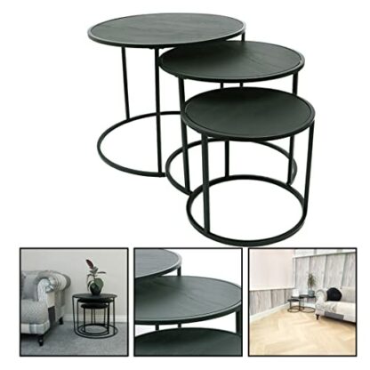 DIVCHI Round Nesting Set of 3, Modern Wooden Look with Metal Black Base Coffee Side Tables for Small Spaces, Nightstand Bedside Table for Living Room, Bedroom,Balcony - Image 3
