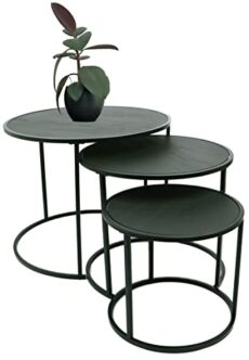 DIVCHI Round Nesting Set of 3, Modern Wooden Look with Metal Black Base Coffee Side Tables for Small Spaces, Nightstand Bedside Table for Living Room, Bedroom,Balcony