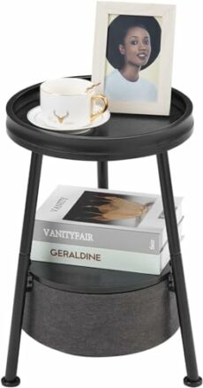 DREAMSOULE Industrial Round Side Table with Storage, Small 2 Tier End Table with Basket and Storage Tray for Indoor Outdoor Patio, Round Nightstand Bedside Table for Sundries, Books