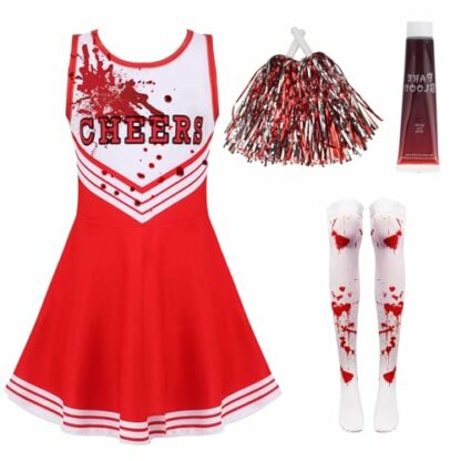 Dead Cheerleader Halloween Costume Kids, Zombie Cheerleader Costume for Girls with Fake Blood, Halloween Fancy Dress Outfit Kids for Halloween Parties - Image 2