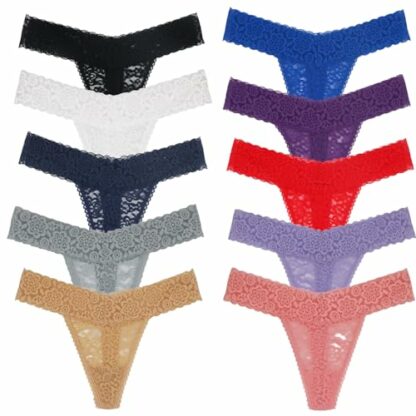 Deigecil Womens Thong, T Back Low Waist Seamless Panties Cotton Lace Thongs For Women, Pack Of 10 Assorted different Lace Pattern and Color - Image 2