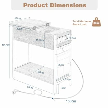 EUGAD Side Table with Socket, Coffee Table, Sofa End Table with Charging Station, Bedside Table with Flip-up Tabletop, Storage Bag, 2 USB Ports+2 Sockets 4 EUGAD Side Table with Socket, Coffee Table, Sofa End Table with Charging Station, Bedside Table with Flip-up Tabletop, Storage Bag, 2 USB Ports+2 Sockets - Image 4