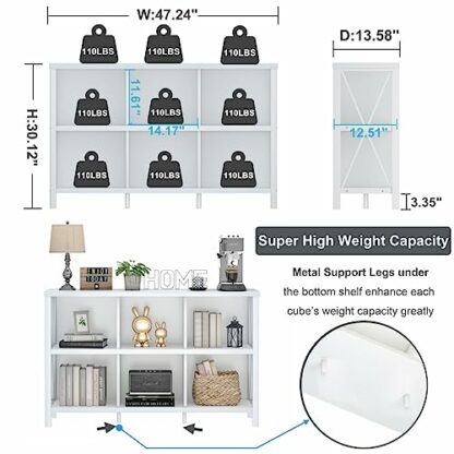FATORRI 6 Cube Storage Organizer with Shelf, Long Wood and Metal Cubby Bookcase, Industrial Horizontal Bookshelf (White Oak, 47 Inch) - Image 4