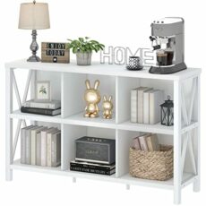 FATORRI 6 Cube Storage Organizer with Shelf, Long Wood and Metal Cubby Bookcase, Industrial Horizontal Bookshelf (White Oak, 47 Inch)