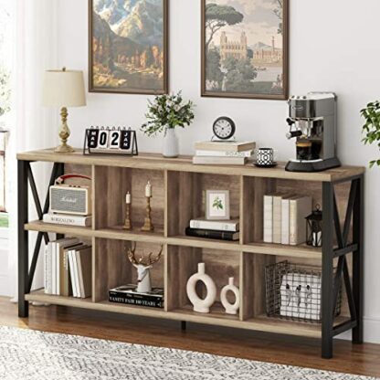 FATORRI 8 Cube Storage Organizer Bookshelf, Rustic Wood Cubby Bookcase, Industrial Horizontal Long Shelf for Living Room (Rustic Oak, 62 Inch) 2 FATORRI 8 Cube Storage Organizer Bookshelf, Rustic Wood Cubby Bookcase, Industrial Horizontal Long Shelf for Living Room (Rustic Oak, 62 Inch) - Image 2
