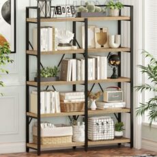 FATORRI Industrial Bookshelf 5 Tier, Rustic Wood Etagere Bookcase, Metal Tall Book Shelf with Open Shelving Unit (Rustic Oak, 51 Inch Wide)