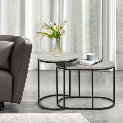 FEFE - Modern Nesting Coffee Table Set Of 2, Accent Marble Look Coffee Table & End Table Sets Steel Frame Stacking Side Table For Small Space Living Room Bedroom - Image 4
