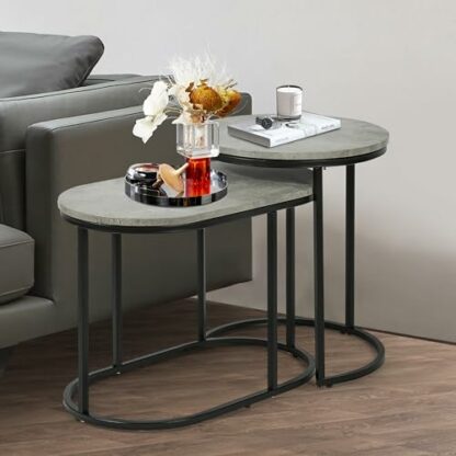 FEFE - Modern Nesting Coffee Table Set Of 2, Accent Marble Look Coffee Table & End Table Sets Steel Frame Stacking Side Table For Small Space Living Room Bedroom - Image 2