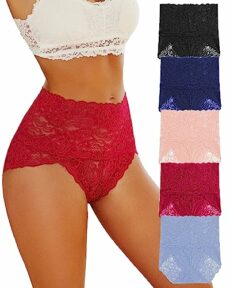 FINETOO 5 Lace Underwear, Women's High Waisted Briefs Set, High Waist Underpants, Sexy Hipster, Soft Briefs, Comfortable Underwear, Women, Seamless Lace, Multipack, S-XL